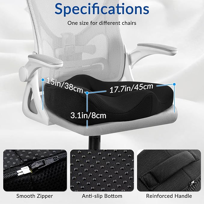 Ergonomic Memory Foam Seat Cushion for Office Chair, Extra Large Pad with U-Shaped Design for Pressure Relief, Coccyx Sciatica & Back Pain Relief, for Home, Car Long Sitting (Black)