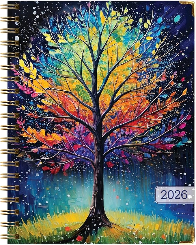 HARDCOVER 2026 Planner, 8.5"x11": 14 Months (November 2025 - December 2026), Daily Weekly Monthly Planner, Yearly Agenda, Bookmark, Pocket Folder and Sticky Note Set (Black Tree Seasons)