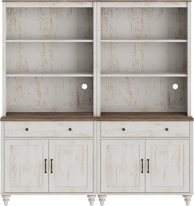 WAMPAT 5 Tier Bookshelf 72" Tall Bookcase with Barn Doors, Large Farmhouse Display Book Shelf with 2 Drawers and Storage Cabinet, Library Wood Bookshelves for Living Room,Kitchen, Rustic White (2PCS)