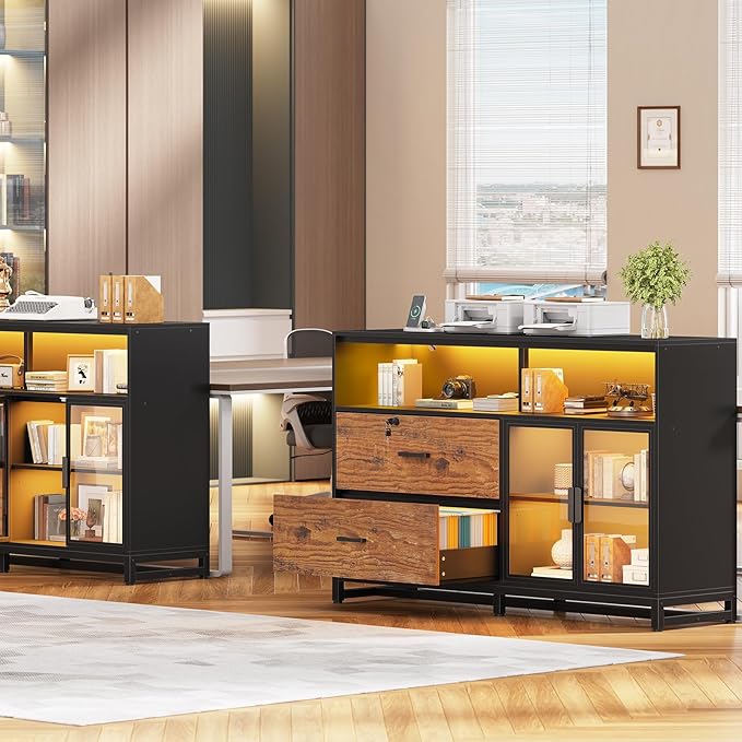 SEDETA 59" File Cabinet, 2 Drawers Filing Cabinets for Home Office fit Legal/Letter/A4 File, File Cabinet with Lock & Power Outlets, Printer Stand with Storage & LED Lights, Rustic Brown