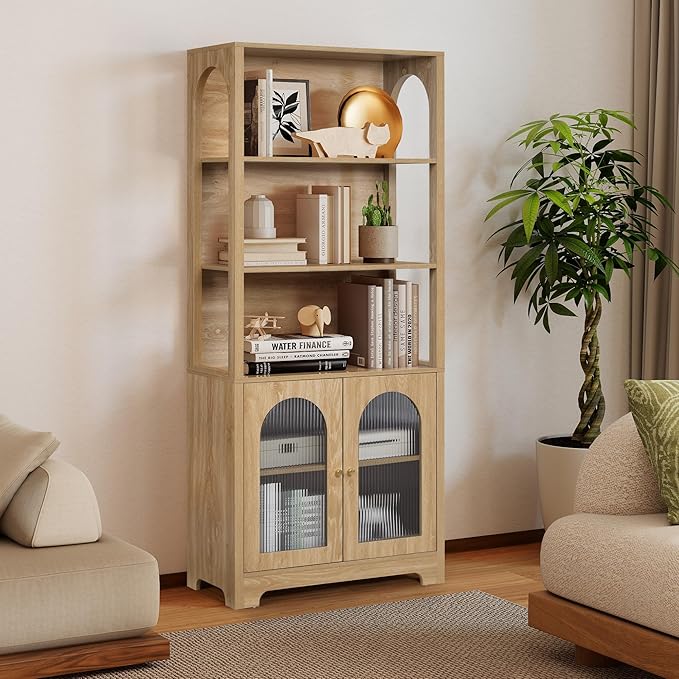 RARZOE 71" Tall Bookshelf and Bookcase, 5-Tier Arched Bookshelf with Glass Doors, Floor Standing 5 Shelf Book case, Wood Display Cabinet Storage Organizer for Living Room, Bedroom, Office(Natural)