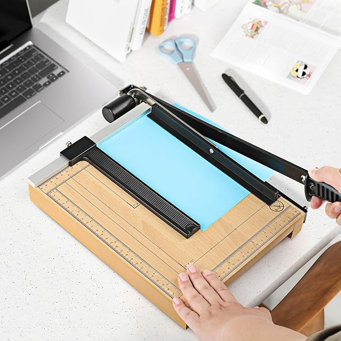 Paper Cutter, 12" Wood Guillotine Paper Trimmer, 12 Sheet Capacity, Heavy Duty Paper Slicer with Adjustable Guide, Safety Guard and Blade Lock