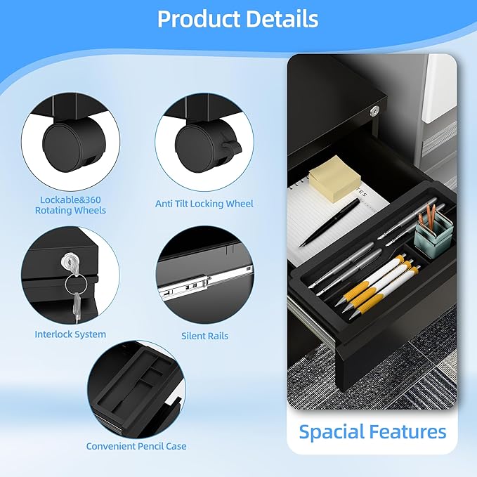 SUXXAN 3 Drawer Under Desk Mobile File Cabinet with Lock, Metal Storage Cabinet for Office & Home, Legal/Letter Size, Fully Assembled Except Wheels, Black