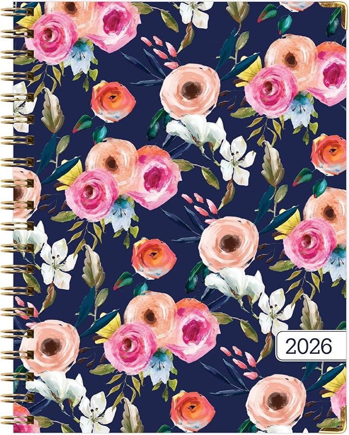 HARDCOVER 2026 Planner, 8.5"x11": 14 Months (November 2025 - December 2026), Daily Weekly Monthly Planner, Yearly Agenda, Bookmark, Pocket Folder and Sticky Note Set (Small Navy Floral)