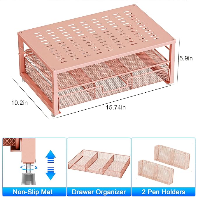 gianotter Desk Organizers and Accessories, Monitor Stand with Drawer and 2 Pen Holder, Desktop Organizer Suitable for Offices and Dormitories (Rose Gold)