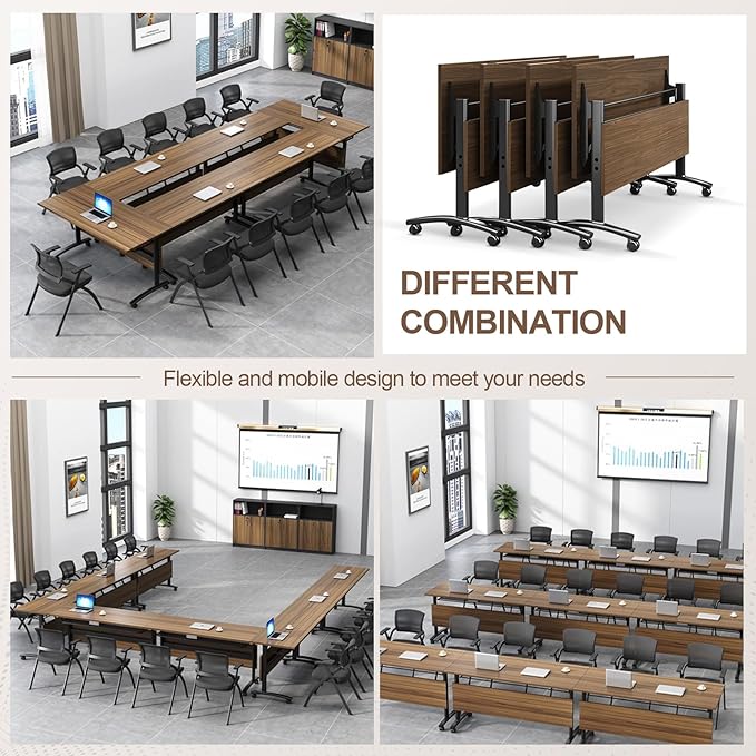 Folding Conference Room Table, Modern Conference Tables with Wheels, Large Rectangular Mobile Training Tables for Office Classroom, Foldable Modular Boardroom Seminar Table Walnut (2pack L70.9in)