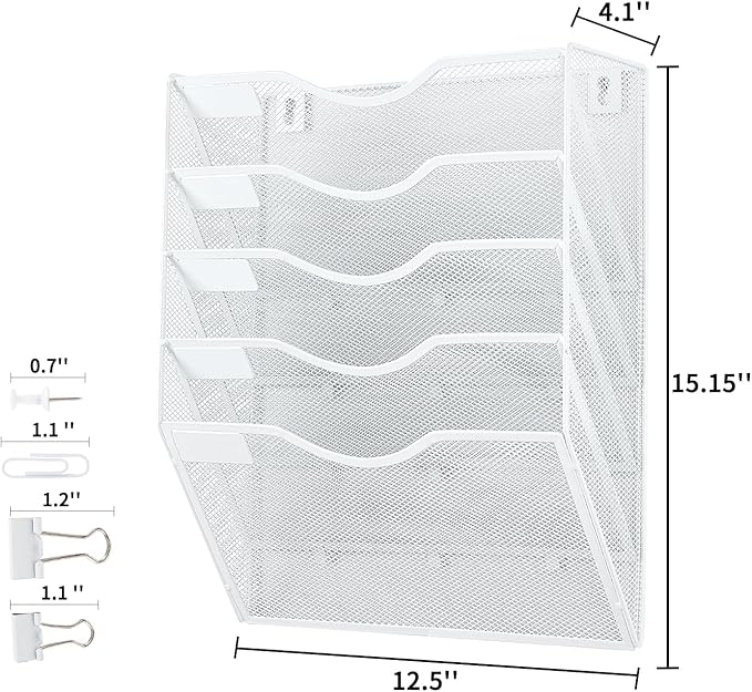 Hanging Wall File Organizer with Office Assorted, 5 Pockets Mesh Wall Mounted File Folder Holder for Mail, Paper, Document, Binder, Magazine, Menu (White)