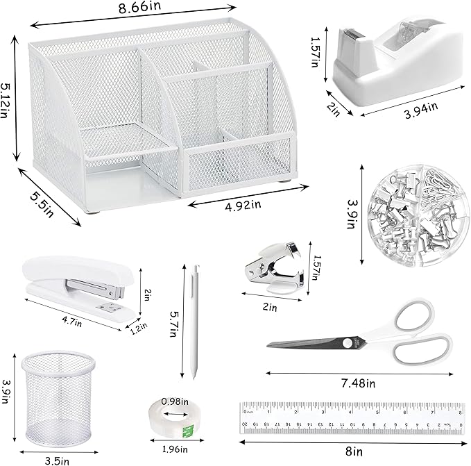 White Office Desk Accessories Supplies, 12pcs Desk Organizers and Accessories with Tape dispenser and Stapler,Staples,Staple Remover,Pen Holder,Scissor,Ruler,Sticky Tabs,Tape,Ballpoint Pen,Clips Set