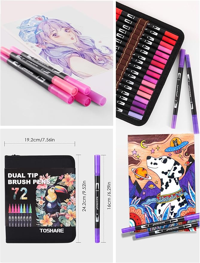 Dual Tip Markers, Double Brush Art Markers Set with Fine Tip and Brush Tip for Adult Coloring Book, Hand Lettering, Calligraphy & Drawing, Art Supplies Kit for Kids and Adults (72 Colors)