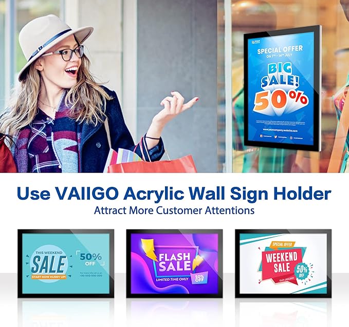 8.5" x 11" Acrylic Magnetic Sign Holder Wall Mount, Self Adhesive Magnetic Display Frame with Nano Tape and Strong Magnetic Border for Wall, Door, Glass, Home, Store, Office (Black, 10Pack)