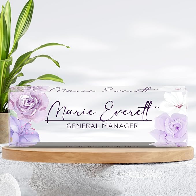 Personalized Name Plate for Desk, Custom Desk Name Plate, Acrylic Name Plate Office Desk Accessories, Personalized Office Gifts for Coworkers Teachers, Employee Appreciation Gifts (A-PurpleFlower)