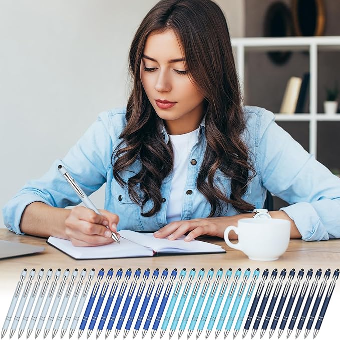 Zonon 38 Pieces Rubberized Ballpoint Pen with Stylus Tip Stylish Metal Pen Capacitive Styli with Soft Rubberized Grip, Black Ink for Most Devices (Blue Series)