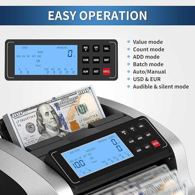 PONNOR Money Counter Machine with Value Count, UV/MG/IR/MT/DD Counterfeit Bill Detection, Dollar Euro Cash Counter with Count/Add/Batch/Auto Modes, External LCD Display
