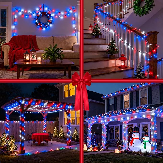1500 LED Christmas Lights Outdoor with 12 Modes, 470FT Green Wire Christmas String Fairy Lights with Timer & Dimmable, Waterproof Twinkle Tree Lights for House Wedding Xmas Decor, Red White & Blue