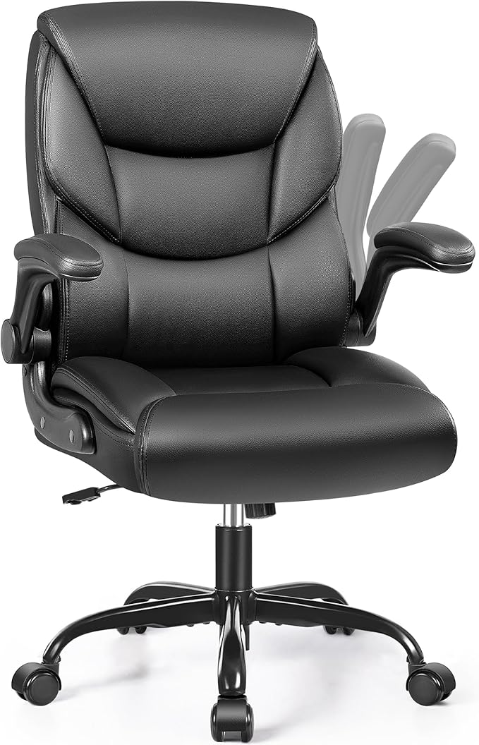 PU Leather Executive Office Chair, Ergonomic High-Back Computer & Gaming Chair with Adjustable Height, Rolling Swivel & Flip-Up Armrests, Comfy Padded Seat for Home Office-Black