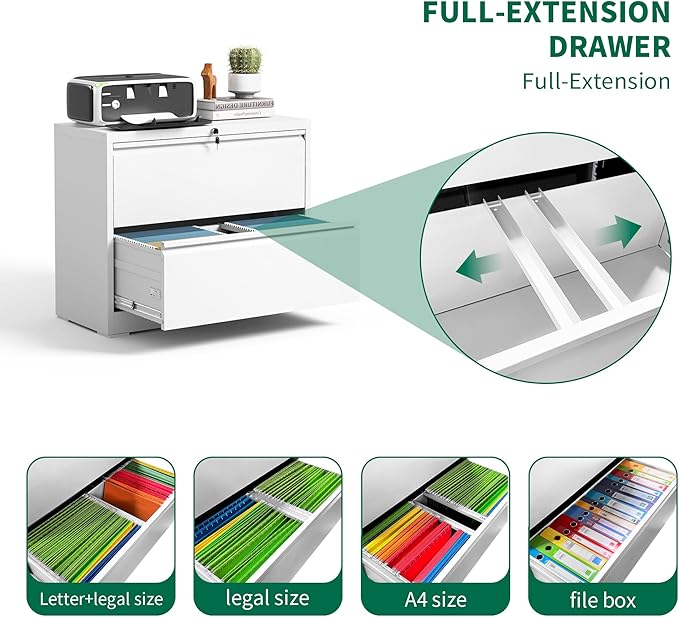 2 Drawer Lateral File Cabinet with Lock, Metal Filing Cabinets for Home Office, Steel Storage Wide File Cabinet for Letter/Legal/F4/A4 Size with Hanging Bars, Assembly Required (White)