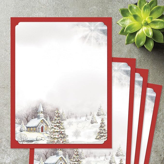 Snowy Church Holiday Letter Paper - Set of 25 Christmas stationery papers are 8 1/2" x 11", compatible computer paper