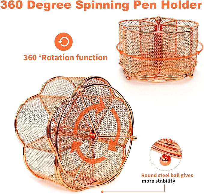 360 Degree Rotate Pen Holder for Desk Mesh Desk Pen Organizer Pencil Holder Large Capacity Accessories & Workspace Organizers for School,Home (Rose Gold, No hook)