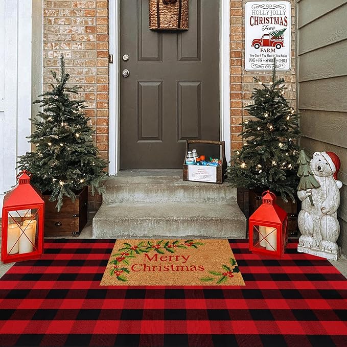 Ckorzen Red and Black Plaid Rug, 4' x 6' Christmas Halloween Outdoor Front Door Decor Mat, Cotton Hand-Woven Washable Rug for Layered Door Mats Carpet for Porch, Entryway
