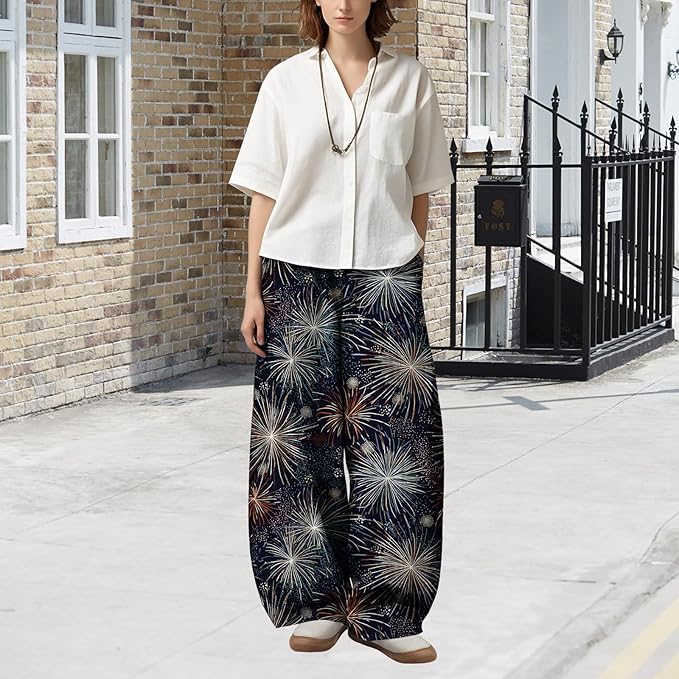 Zaswen Women's Oversize Loose Fit Breathable Pants Wide Leg Lounge Pants Fashion Casual Fireworks Print Trousers with Pockets