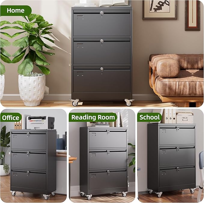 Aobabo 3 Drawer Lateral File Cabinet with Wheels, Lockable Metal Filing Cabinet for Home Office, Legal/Letter Size,Black,Required Assembled,15.87" D x 28.94" W x40.48 H