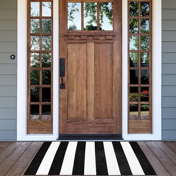 Collive Christmas Black and White Outdoor Striped Rug 24"x 51", Cotton Woven Front Porch Rug Decor, Washable Farmhouse Layered Welcome Mat Outdoor for Kitchen Entryway Entrance