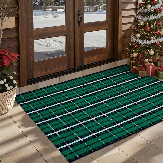 Christmas Door Mat Outdoor 35"x59", Green/Black Buffalo Plaid Front Porch Rug Cotton Hand-Woven Washable Layered Door Mats,Reversible Checkered Floor Rugs for Home Decor Outside