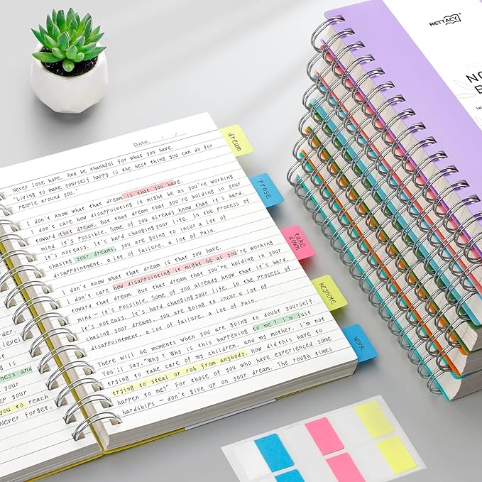 RETTACY Spiral College Ruled Notebook, 300 Pages, B5 Medium Size (7.4" x 10"), for School, Work, Writing, Journaling, 100 GSM Thick Paper, Flexible Plastic Cover (Lilac)