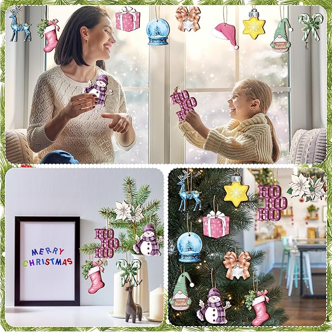 Huwena 36 Pcs Pastel Christmas Wooden Ornaments Pastel Christmas Decorations for Tree Snowman Gnomes Poinsettia Flowers Truck Wreath Wood Cutouts Tags with Ropes Winter Decor for Xmas Tree Gifts