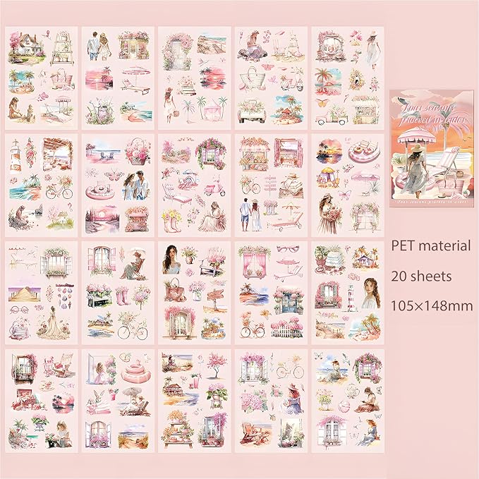 Snycler 20 Sheets PET Stickers - Vintage Journaling, Scrapbooking Supplies, DIY Craft Stickers for Junk Journals, Ephemera Sticker Book, Seasonal Themes (Summer), Pre-Cut Designs