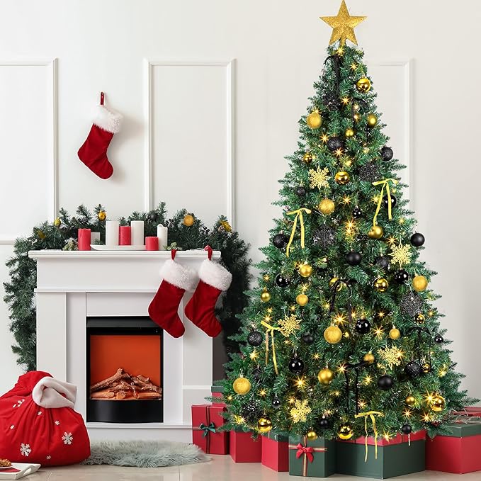 86Pcs Led Light Black and Gold Christmas Tree Decorations Set 100 Led Light Christmas Star Trees Topper with String Lights Xmas Balls Snowflakes Ornaments Bows Xmas Trees Decor 20m Light String