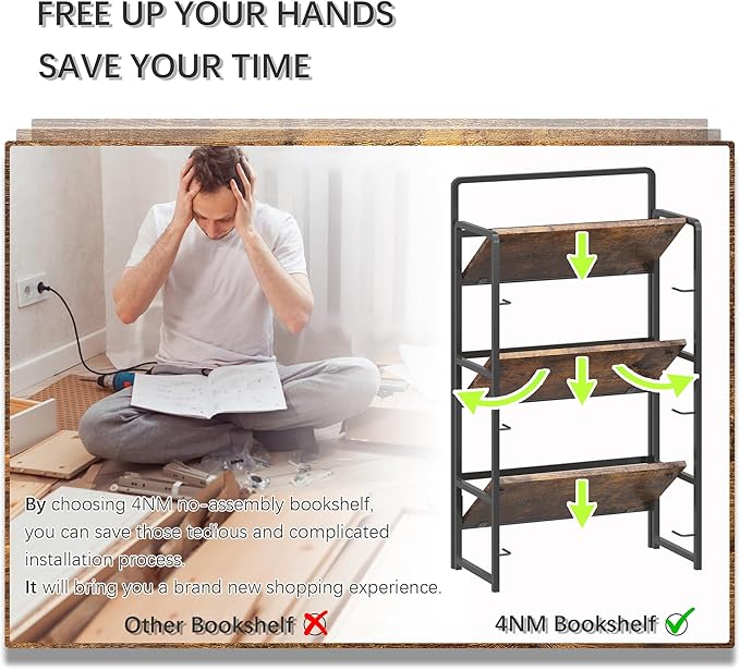 4NM No Assembly Folding Bookshelf, 3-Shelf 42.1" H Collapsible Foldable Bookcase Storage for Small Spaces, Rustic Brown and Black