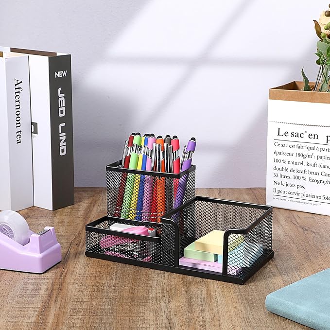Mesh Pen Pencil Holder Note Holders Desk Organizer, 3 Compartment Wire Desktop Pen Pencil Cup Caddy Office Supplies Accessories for Home Office School, Black(4 Pack)