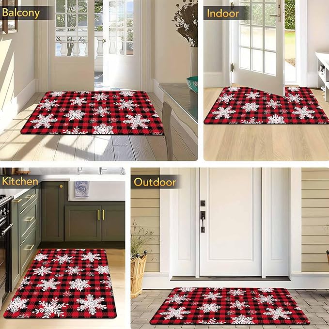Merry Christmas Snowflakes Red Plaid Door Mat, Christmas Buffalo Plaid Doormat with Non-Slip Backing Front Porch Rug Welcome Mats for Home Indoor Outdoor, 18" x 30"Inch