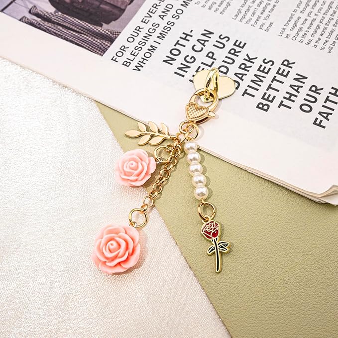 Rose Purse Charms Cute Flower Keychain With Heart Sticker Charm Chain For Kindle Colorful Bag Charms For Handbags
