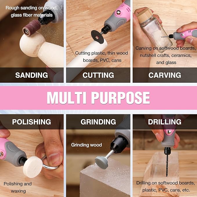 WORKPRO Cordless Rotary Tool Kit with 71pcs Accessories, 3 Variable Speeds, USB Rechargeable Mini Rotary Tool for Engraving, Sanding, Polishing, Carving, Cutting, DIY Crafts - Pink Ribbon