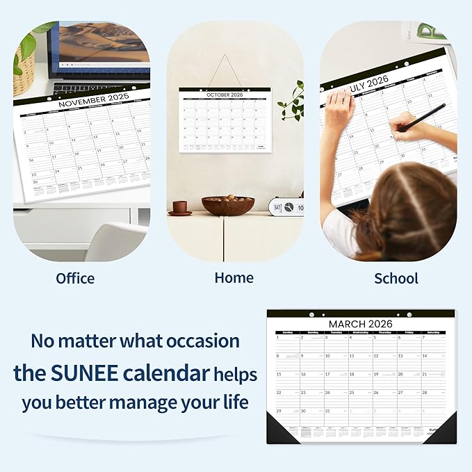 SUNEE Desk Calendar 2025-2026 17x12, 18 Months, JUL. 2025 - DEC. 2026, Academic Desk Blotter Calendar 2025-2026, School Year Large Calendar for Teacher, Black