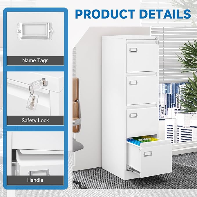 4 Drawer File Cabinet with Lock Metal Vertical File Storage Cabinet Office Home Steel Vertical File Cabinet for A4 Legal/Letter Size Narrow File Cabinet Locked,Assembly Required