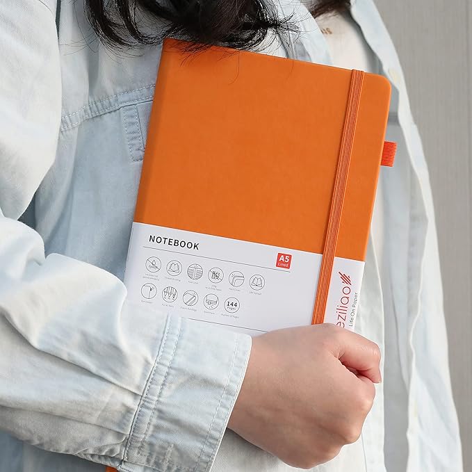 Deziliao Lined Journal Notebooks with Pen Loop, Hardcover Notebook Journal for Work, 100Gsm Premium Thick Paper with Inner Pocket, Medium 5.7''''x8.4'''', ?Orange, Ruled, 1 Pack