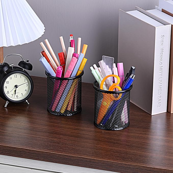 8 Pack Pen Holder for Desk, Black Metal Mesh Pencil Holders Small Trash Can Desktop Pen Holder Desk Accessories & Workspace Organizers for Home, Office, 3.8’’ Tall