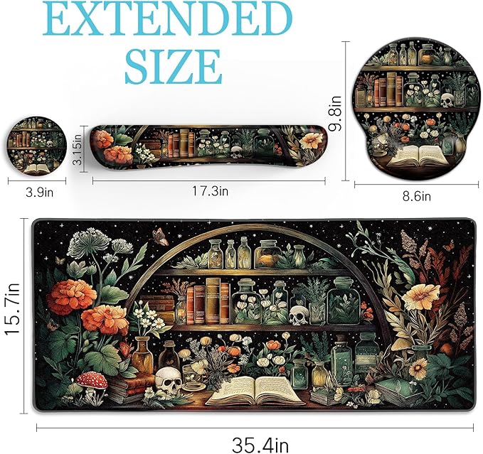 Goth Skull Mouse Pad Set Large Desk Mat for Desktop, Ergonomic Mouse Pad with Wrist Rest for Gaming, Keyboard Mat Wrist Support Cup Coaster Set, Gothic Office Desk Accessories Decor Supplies