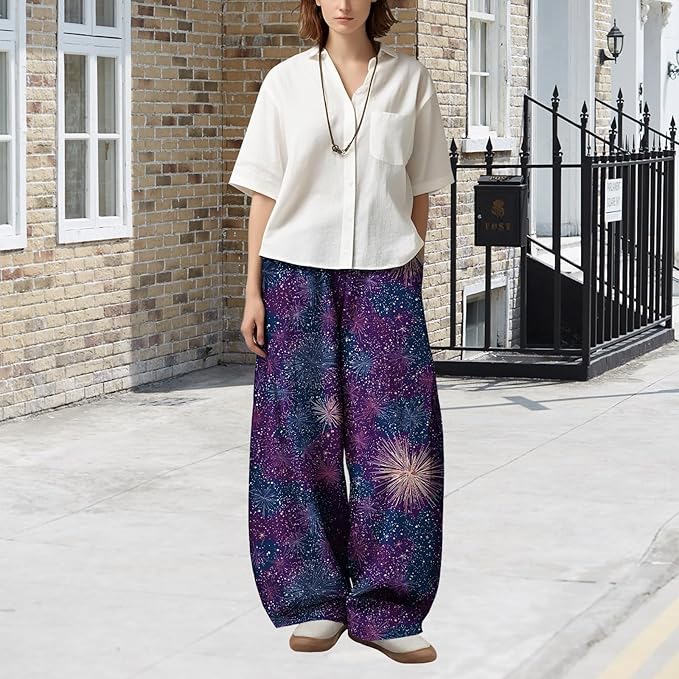 Zaswen Women's Oversize Loose Fit Breathable Pants Wide Leg Lounge Pants Fashion Casual Fireworks Print Trousers with Pockets