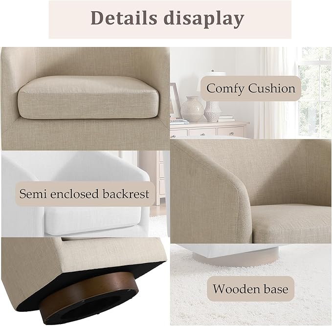 UIXE Swivel Accent Chairs Set of 2, Fabric Upholstered Barrel Chair for Living Room, Comfy Round Armchair Single Sofa Bedroom Reading Seat - 31" W, Light Brown