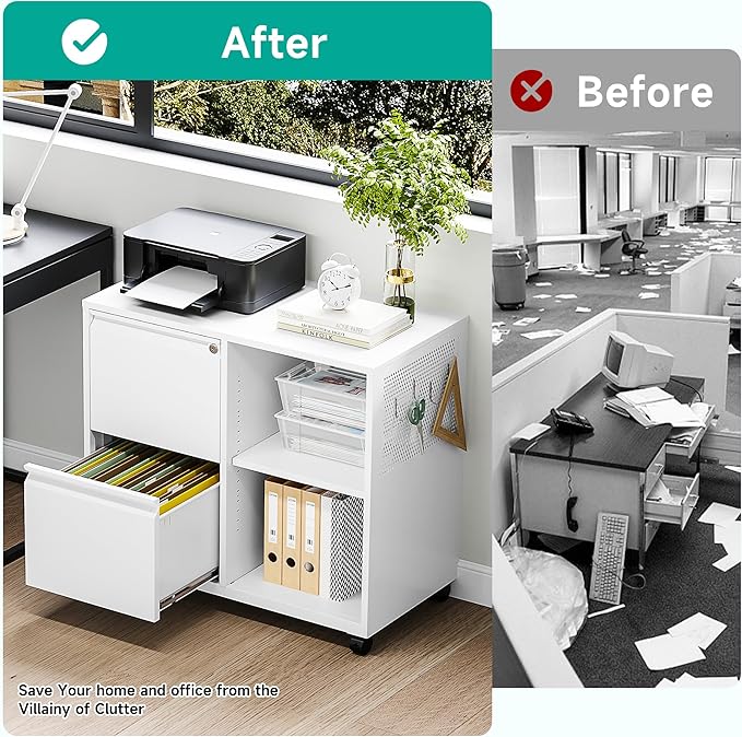 SISESOL 2 Drawer File Cabinet with Lock and Shelf,Mobile Lateral Filing Cabinet,Metal File Organizer Cabinet with Open Storage Shelves for Home Office Fit Legal/Letter A4 Size