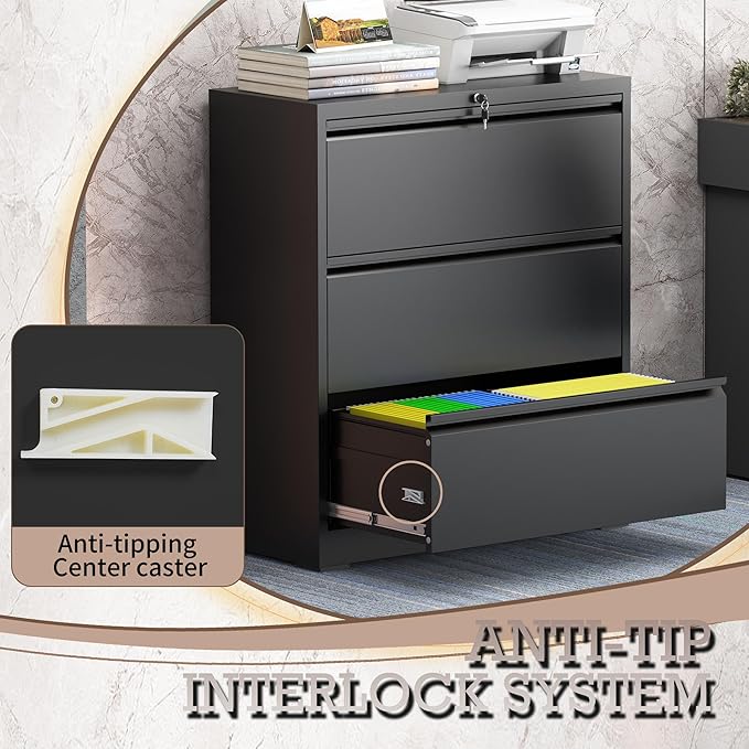 3 Drawer Lateral File Cabinet with Lock, Metal File Cabinet, Lateral File Cabinets for Home Office, Heavy Duty File Storage Cabinet for Legal/Letter/A4 Document, Assembly Required, Black