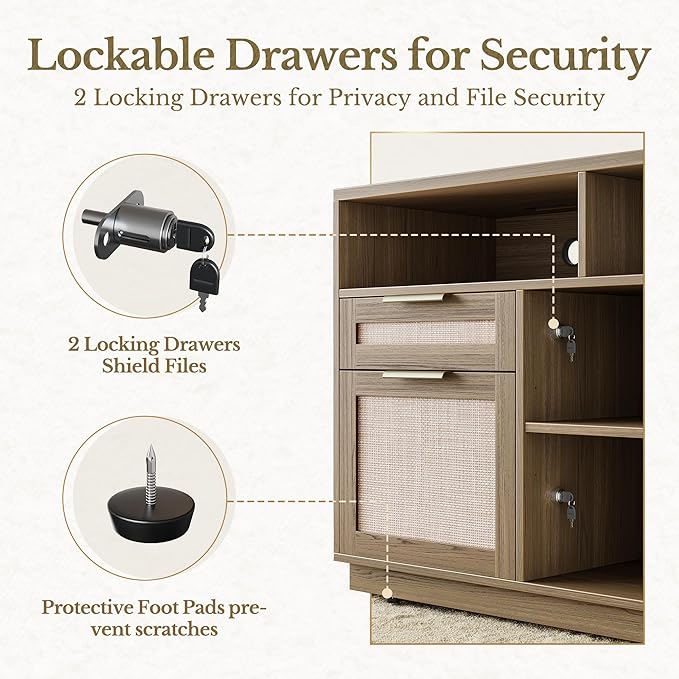 4 Drawer File Cabinet, Fluted Wood Lateral Filing Cabinet with Lock and Charging Station for Home Office, Printer Stand with Open Storage Shelves, Fits A4, Letter Size, Natural Oak
