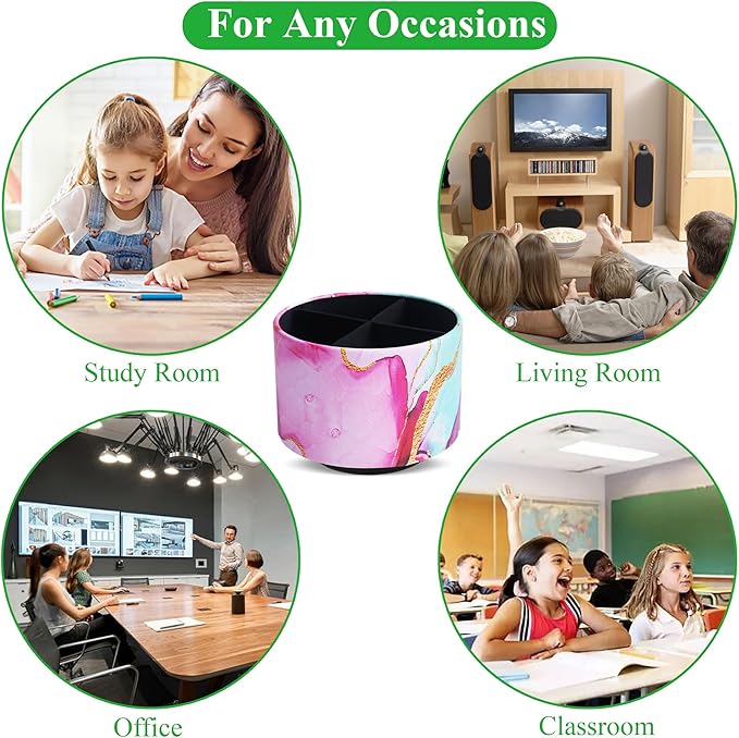 Round Leather Art Supply Organizer,Remote Control Holder,360-degree Rotating Pen Organizer with 4 Compartments(1-Red Green Splash Ink)