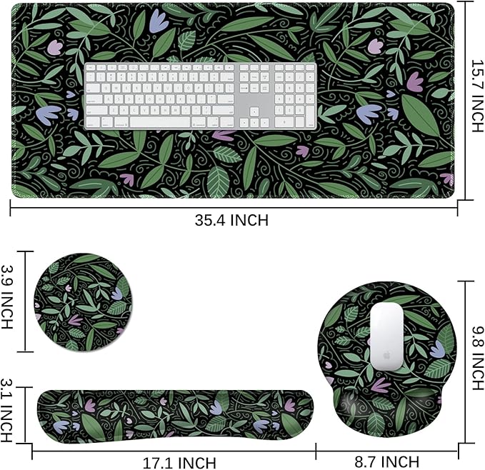 DINKY Keyboard Mouse Pad Set, Large Gaming Mousepad, Memory Foam Ergonomic Keyboard Wrist Rest Support, Extended Desk Mat Cushion pad for Office,Home, Green Leaves Plant