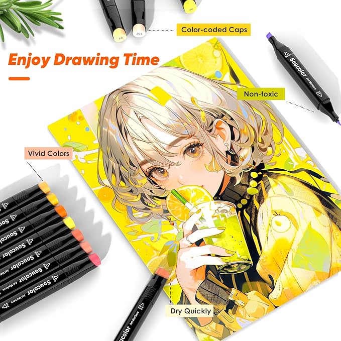 Soucolor Alcohol Markers Set, 60 Colors Dual Tip Art Alcohol Markers, School Office Teacher Supplies for Kids and Adults Coloring Drawing Sketching Book Painting Card Making Illustration