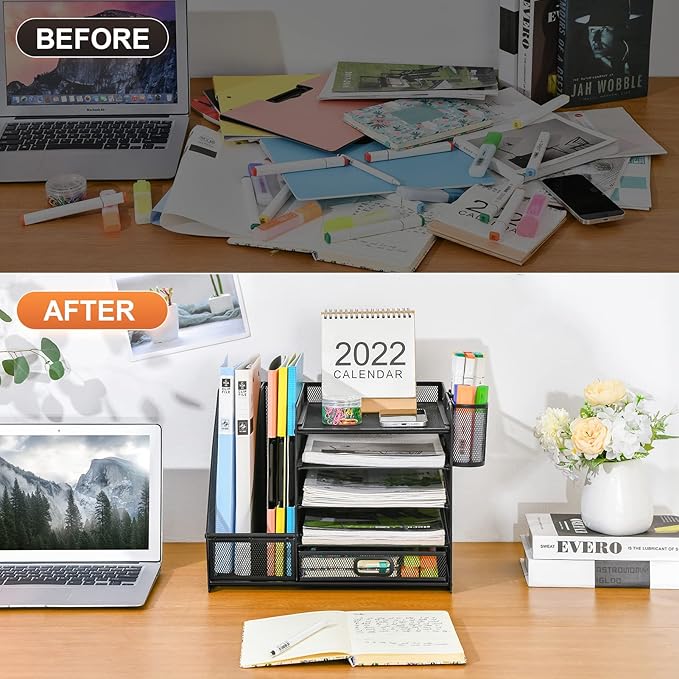 Marbrasse Desk Organizer with File Holder, 5-Tier Paper Letter Tray Organizer with Drawer and 2 Pen Holder, Mesh Desktop Organizer and Storage with Magazine Holder for Office Supplies(Black)